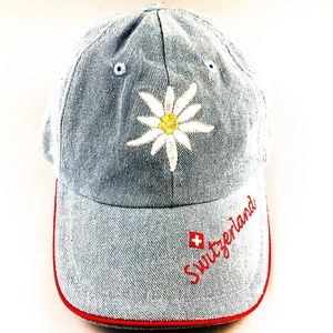 SWITZERLAND SUNFLOWER DENIM HAT CAP BLUE ADJ H28